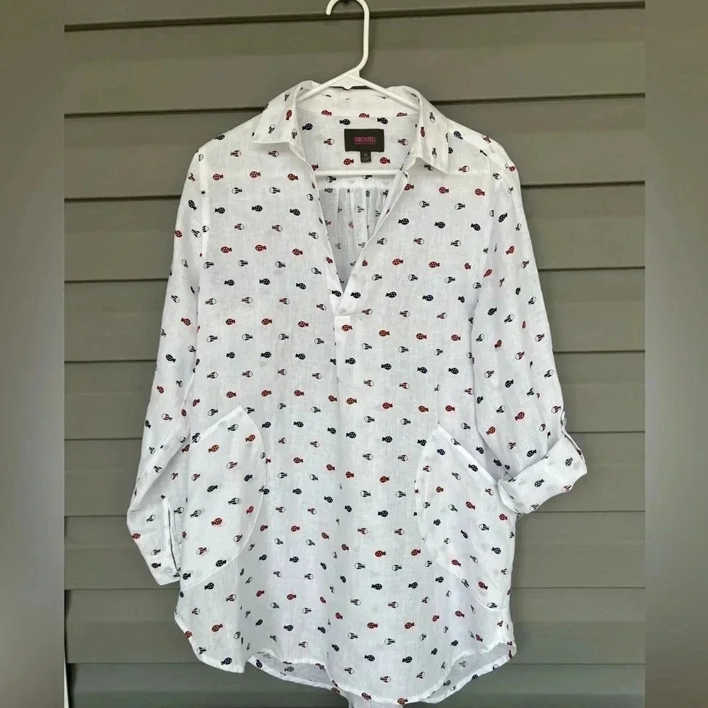 Forcynthia 💯 % Linen Fish Tunic Cover up Top Sz M